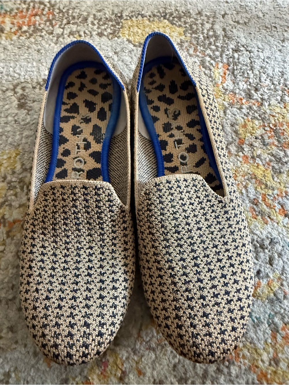 Rothy's Beige and Black Knit Slip-On Loafers with Blue Trim